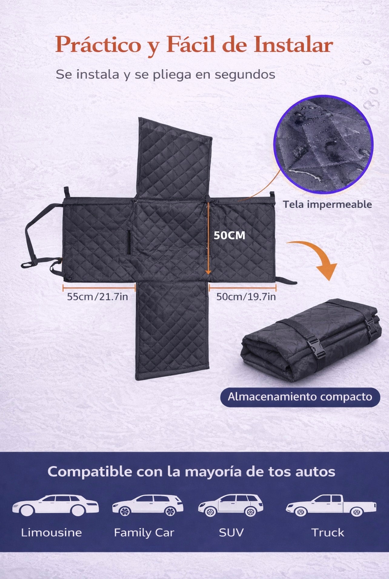 Transportín y Asiento de Coche para Mascotas (Medidas: 55 cm x 45 cm x 50 cm) (altura trasera) / 36 cm (altura frontal)