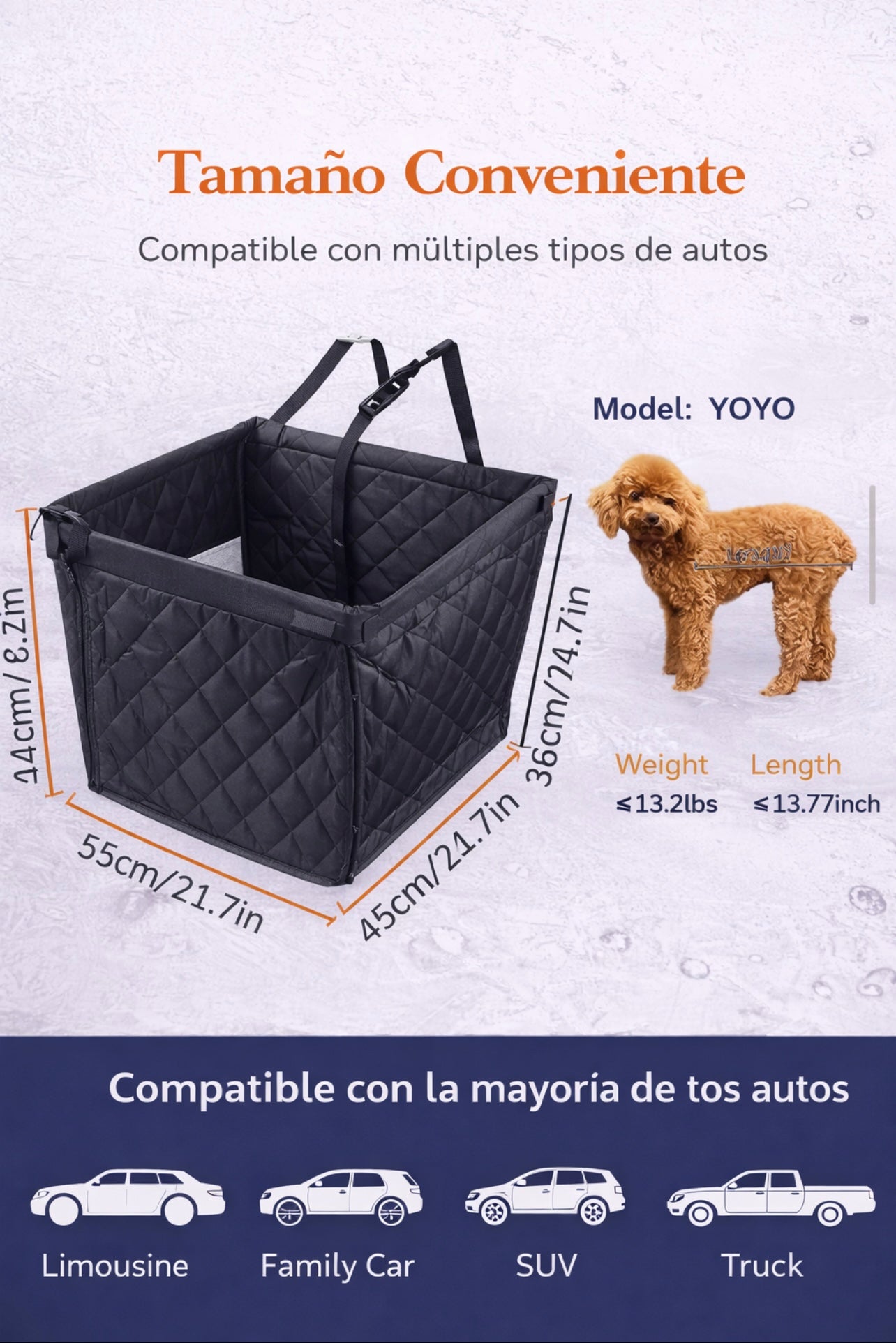 Transportín y Asiento de Coche para Mascotas (Medidas: 55 cm x 45 cm x 50 cm) (altura trasera) / 36 cm (altura frontal)