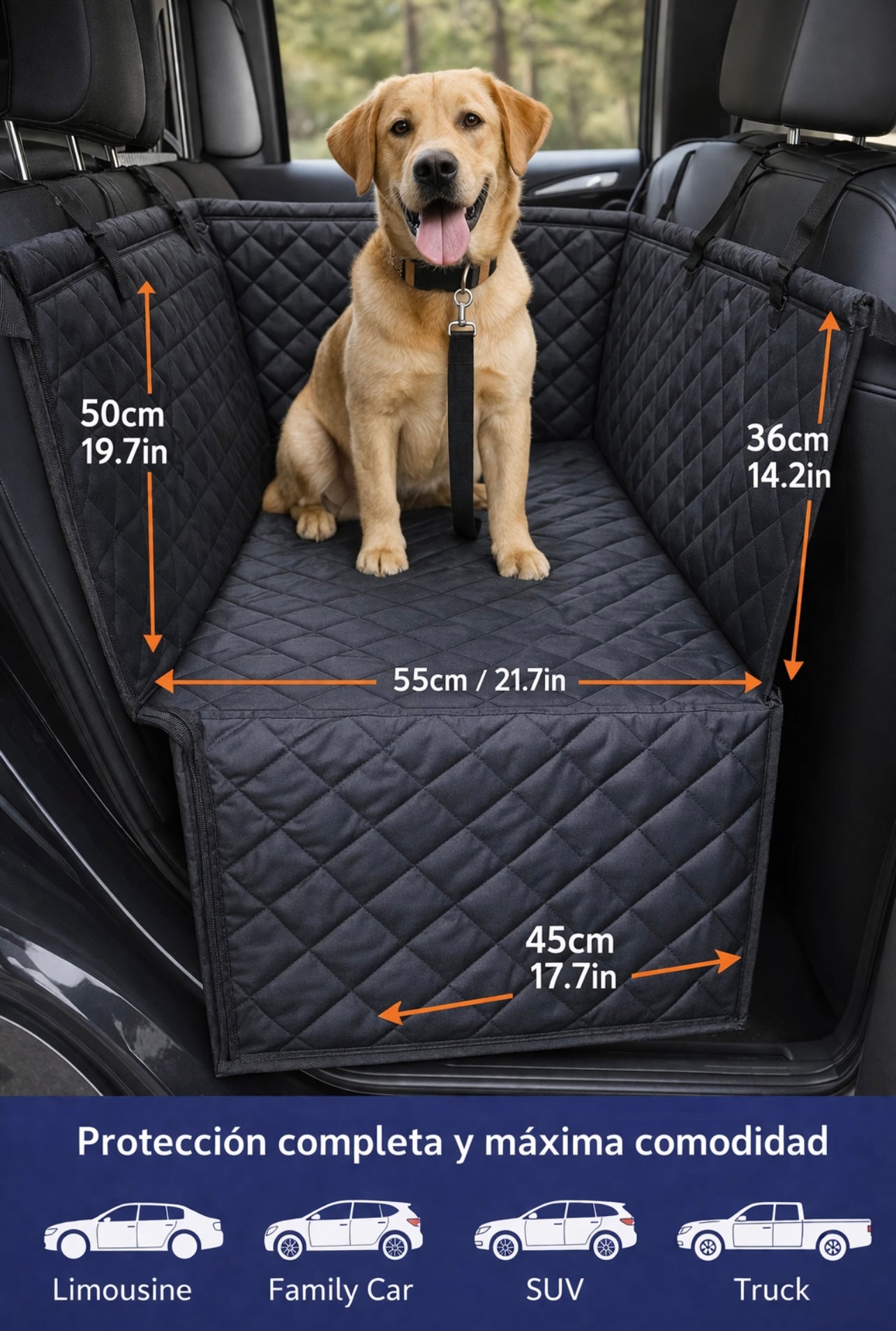 Transportín y Asiento de Coche para Mascotas (Medidas: 55 cm x 45 cm x 50 cm) (altura trasera) / 36 cm (altura frontal)